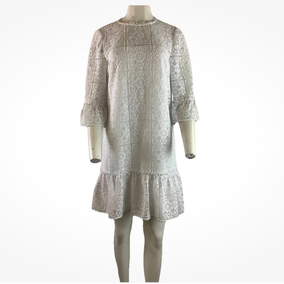 Kate Spade Sz 10 Lace Flounce Shift Dress White Polyester 3/4 Sleeve Boho - Picture 1 of 11